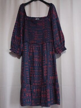Pioneer Woman Smocked Bodice Midi Dress Pockets Puff Sleeve Navy Red Floral 3X